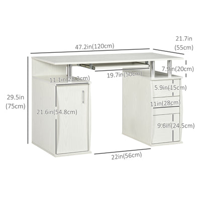 HOMCOM 47" Computer Desk with Keyboard Tray and Storage Drawers, Home Office Workstation Table with Storage Shelves, White