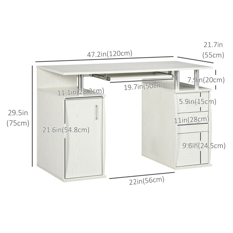 HOMCOM 47" Computer Desk with Keyboard Tray and Storage Drawers, Home Office Workstation Table with Storage Shelves, White