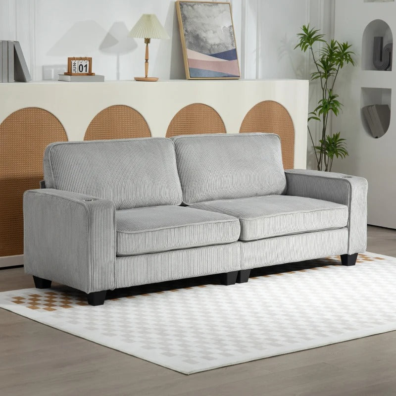 HOMCOM Three Seater Sofa, Fabric 3 Seater Couch with Spring Cushion and Cup Holders for Living Room, Bedroom, Light Grey