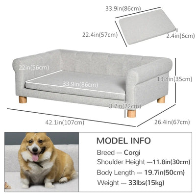 PawHut Modern Pet Sofa Cat or Medium Large Dog Bed W/ Removable Seat Cushion, Light Grey