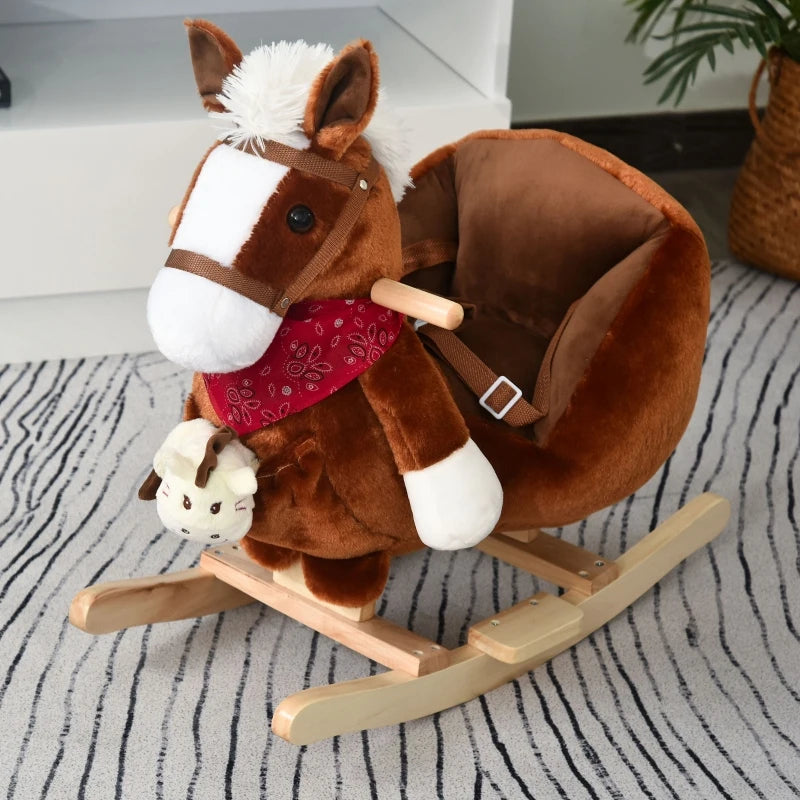 Qaba Kids Ride On Rocking Horse with Cradlesong Handle Grip Hand Puppet Traditional Toy Gift for Children 18-36 Months Rocking Toy for Toddler Brown