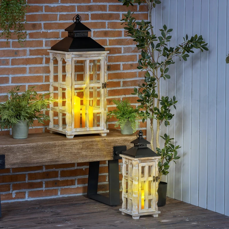 HOMCOM 2 Pack 30"/21" Large Fine Woodworking Decorative Lantern, Metal Hanging Wooden Indoor Covered Outdoor Lantern for Home Décor (No Glass), Black and Natural Wood Faded Colour
