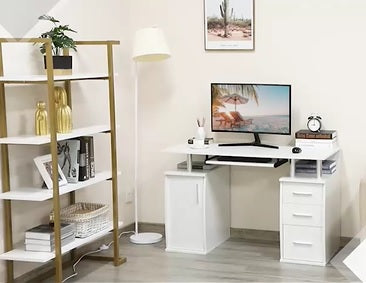 HOMCOM 47" Computer Desk with Keyboard Tray and Storage Drawers, Home Office Workstation Table with Storage Shelves, White