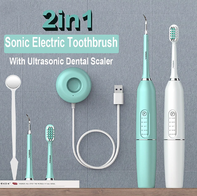 2 in 1 Ultrasonic Teeth Cleaning Kit Waterproof Tartar Tooth Coffee Stains Smoked Teeth Dental Plaque Calculus Ultrasonic Sonic Dental Scaler USB Toothbrush Tooth Cleaner Whiten Teeth Tartar Remove Tool