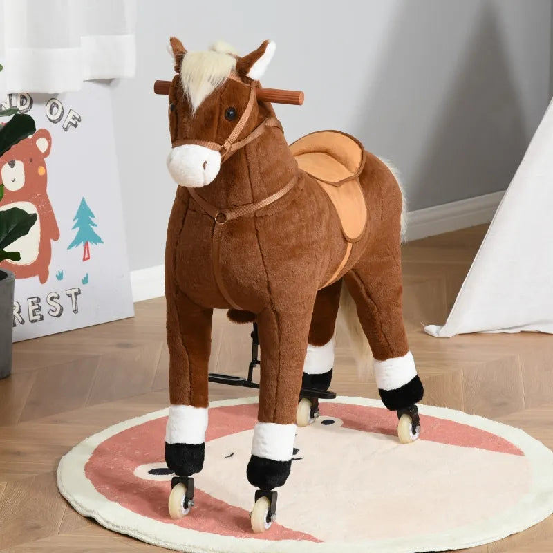 Qaba Kids Rocking Horse Walking Horse with Wheels, Large Size Moving Hobby Horse Ride on Toy Gift for Children 5-16 Years