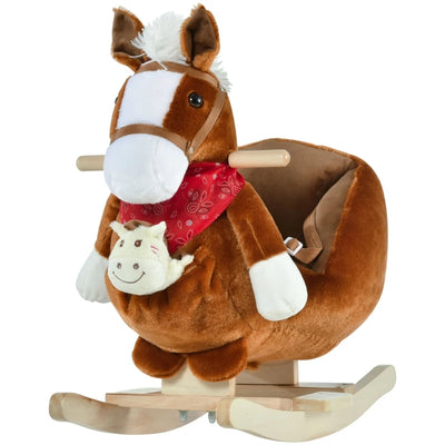 Qaba Kids Ride On Rocking Horse with Cradlesong Handle Grip Hand Puppet Traditional Toy Gift for Children 18-36 Months Rocking Toy for Toddler Brown