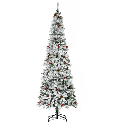 HOMCOM 7.5 Foot Pencil Snow Flocked Artificial Christmas Tree with 950 Pine Realistic Branches, Pine Cones, Red Berries, Auto Open, Green