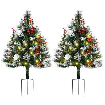 HOMCOM 2 Foot/23 inch 2 Pack Prelit Artificial Christmas Tree Cordless with 70 Branches, Warm White LED lights, Red Berries, Pine Cones, Balls, for Outdoor Entryway, Green