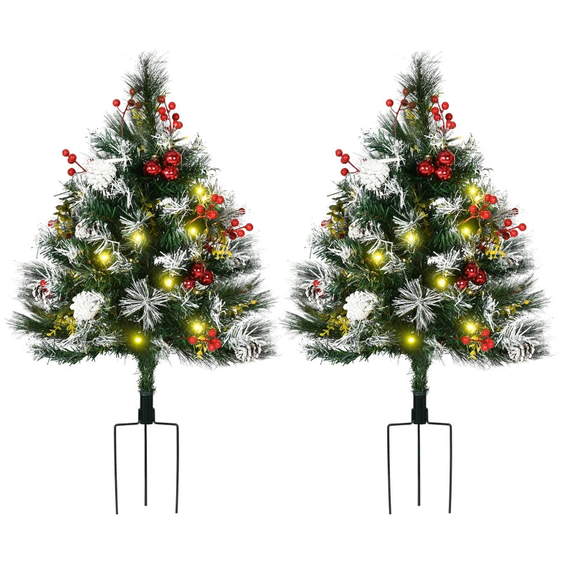 HOMCOM 2 Foot/23 inch 2 Pack Prelit Artificial Christmas Tree Cordless with 70 Branches, Warm White LED lights, Red Berries, Pine Cones, Balls, for Outdoor Entryway, Green