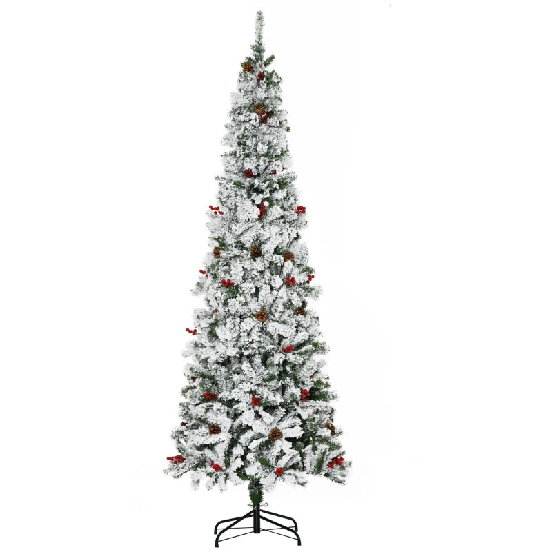 HOMCOM 7.5 Foot Pencil Snow Flocked Artificial Christmas Tree with 950 Pine Realistic Branches, Pine Cones, Red Berries, Auto Open, Green