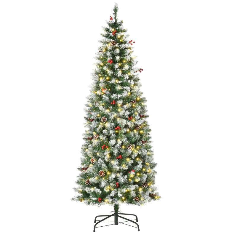 HOMCOM 6 ft Snow-Dipped Pencil Christmas Tree Pre-Lit Holiday Decoration with LED Lights Pine Cones Red Berries Green