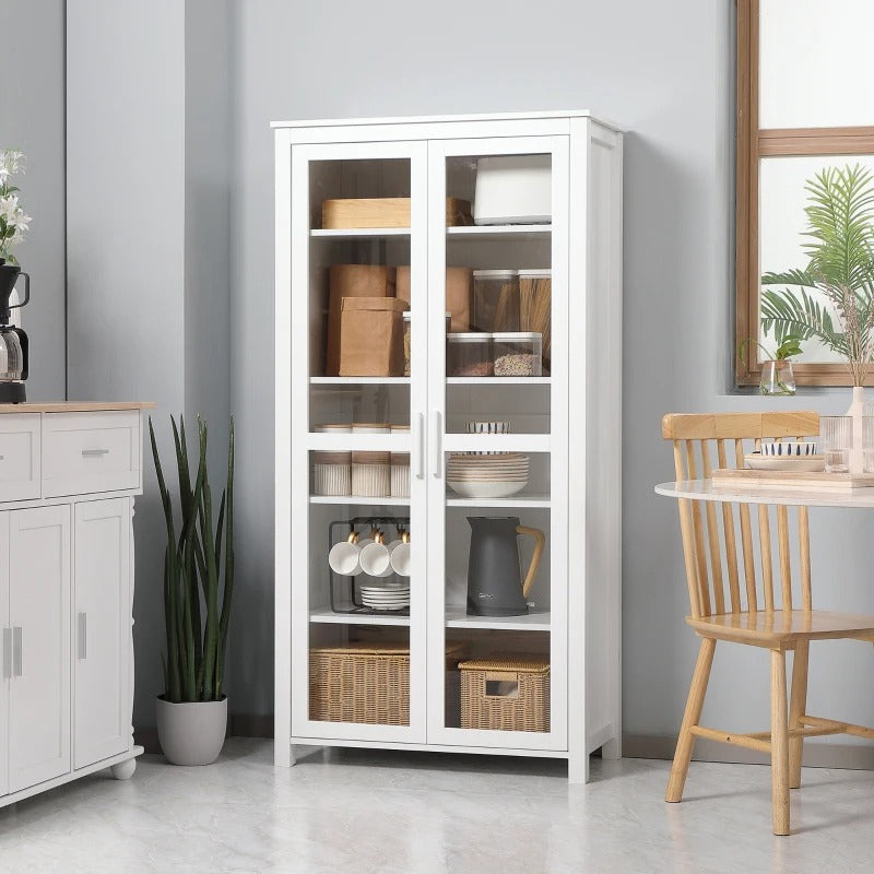 HOMCOM Freestanding Kitchen Pantry, Buffet Cabinet, 5-tier Storage Cabinet with Adjustable Shelves and 2 Glass Doors, White