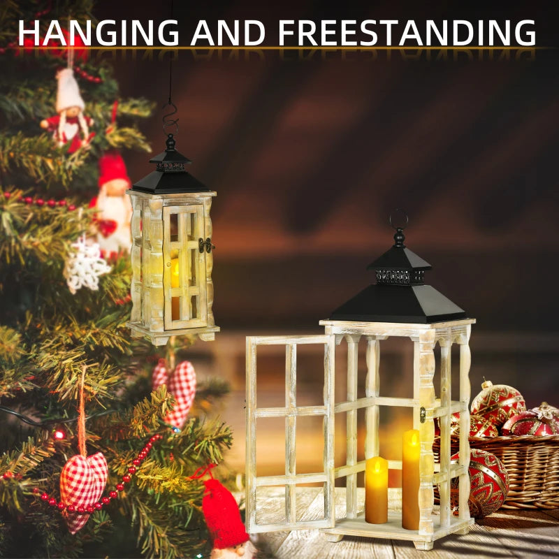 HOMCOM 2 Pack 30"/21" Large Fine Woodworking Decorative Lantern, Metal Hanging Wooden Indoor Covered Outdoor Lantern for Home Décor (No Glass), Black and Natural Wood Faded Colour