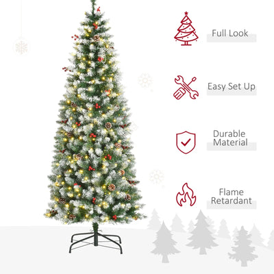 HOMCOM 6 ft Snow-Dipped Pencil Christmas Tree Pre-Lit Holiday Decoration with LED Lights Pine Cones Red Berries Green