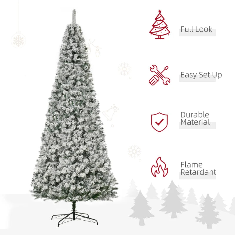 HOMCOM 9 Feet Prelit Artificial Snow Flocked Pencil Christmas Tree, Slim Xmas Tree with Warm White LED Light, Holiday Home Xmas Decoration, Green