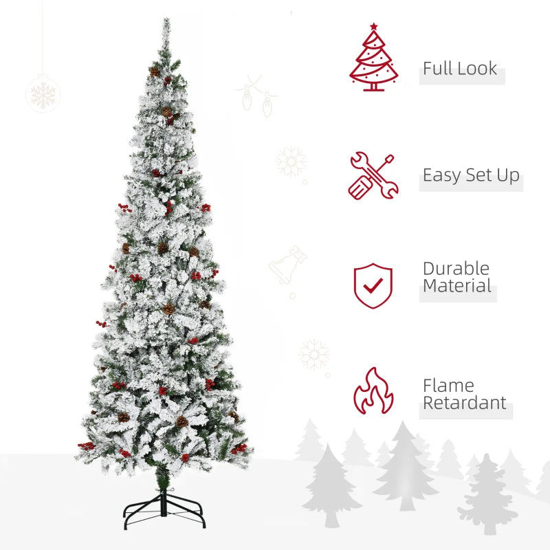 HOMCOM 7.5 Foot Pencil Snow Flocked Artificial Christmas Tree with 950 Pine Realistic Branches, Pine Cones, Red Berries, Auto Open, Green