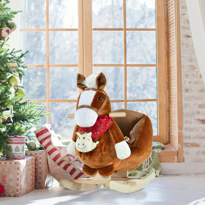 Qaba Kids Ride On Rocking Horse with Cradlesong Handle Grip Hand Puppet Traditional Toy Gift for Children 18-36 Months Rocking Toy for Toddler Brown