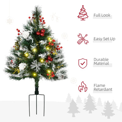 HOMCOM 2 Foot/23 inch 2 Pack Prelit Artificial Christmas Tree Cordless with 70 Branches, Warm White LED lights, Red Berries, Pine Cones, Balls, for Outdoor Entryway, Green