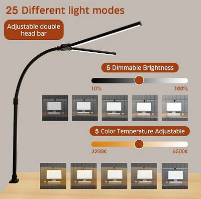 Double-Head LED Desk Lamp Desk Lamp Office 24W 5 Color Modes And 5 Dimmable Eye Protection Lamp