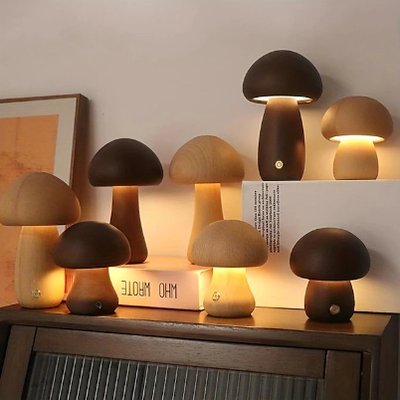 Mushroom Table Lamp Bedroom Bedside Sleep Night Light Solid Wood Dimmable Atmosphere Light