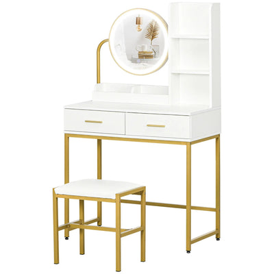 HOMCOM Makeup Vanity Desk Set with Mirror, Stool, LED Lights, Drawers, Shelves, Dressing Table for Bedroom, White