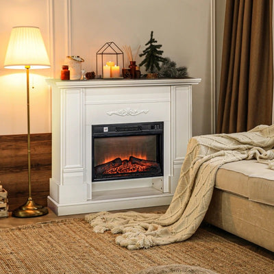 HOMCOM 46" Electric Fireplace with Mantel and Shelf, 1400W Fireplace Heater with Realistic Log and Flame Effect, White