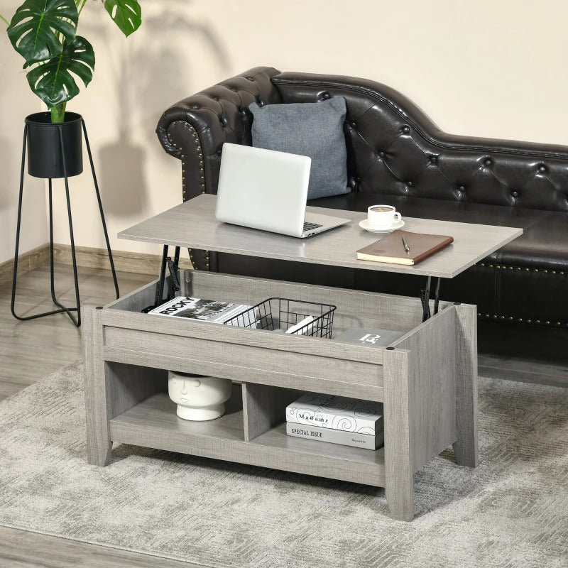 HOMCOM Lift Top Coffee Table with Hidden Storage Compartment and Open Shelves, Lift Tabletop Pop-Up Center Table for Living Room, Light Grey