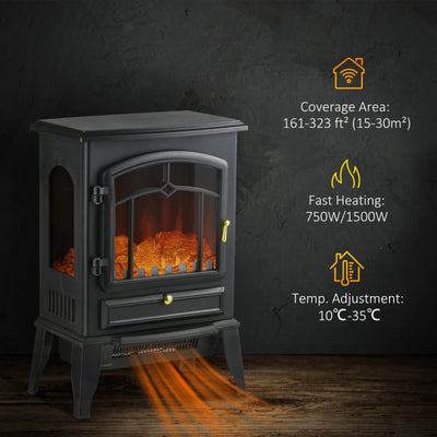 HOMCOM 22" Electric Fireplace Stove, 1500W Freestanding Fireplace Heater with Adjustable Temperature, Overheat Protection, Adjustable Brightness, Black