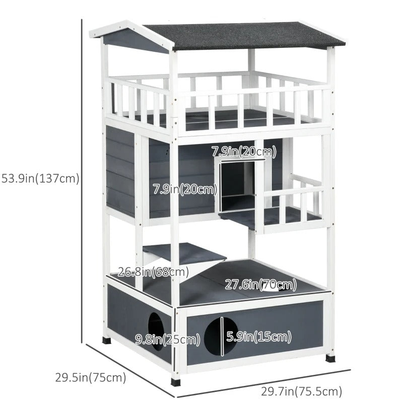 PawHut 4-Floor Wood Outdoor Cat House Catio for Cats with Condo, Fun Entrances, Perch, Grey