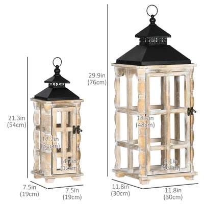HOMCOM 2 Pack 30"/21" Large Fine Woodworking Decorative Lantern, Metal Hanging Wooden Indoor Covered Outdoor Lantern for Home Décor (No Glass), Black and Natural Wood Faded Colour