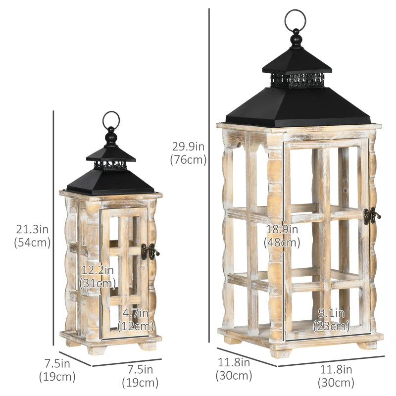 HOMCOM 2 Pack 30"/21" Large Fine Woodworking Decorative Lantern, Metal Hanging Wooden Indoor Covered Outdoor Lantern for Home Décor (No Glass), Black and Natural Wood Faded Colour