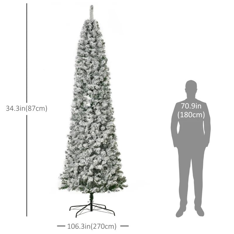 HOMCOM 9 Feet Prelit Artificial Snow Flocked Pencil Christmas Tree, Slim Xmas Tree with Warm White LED Light, Holiday Home Xmas Decoration, Green