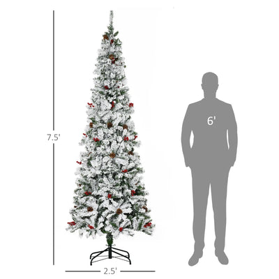 HOMCOM 7.5 Foot Pencil Snow Flocked Artificial Christmas Tree with 950 Pine Realistic Branches, Pine Cones, Red Berries, Auto Open, Green