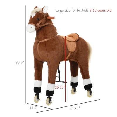 Qaba Kids Rocking Horse Walking Horse with Wheels, Large Size Moving Hobby Horse Ride on Toy Gift for Children 5-16 Years