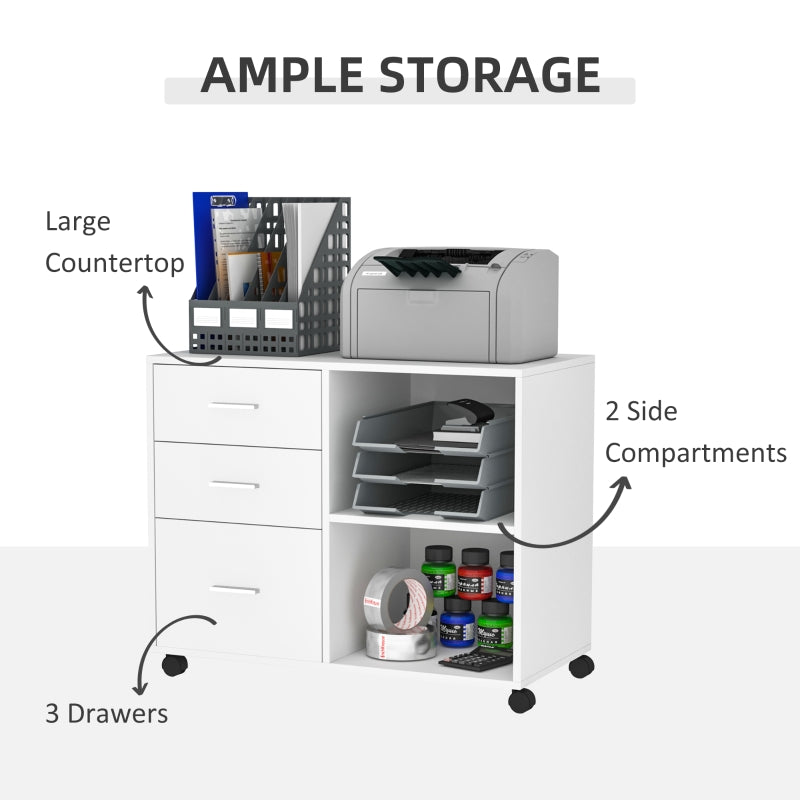 HOMCOM Modern Lateral Filing Cabinet, 3 Drawer File Cabinet, Mobile, Printer Stand with Open Shelves, Rolling Wheels, White