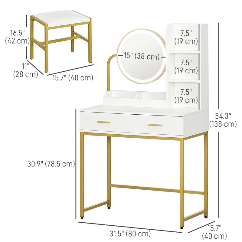 HOMCOM Makeup Vanity Desk Set with Mirror, Stool, LED Lights, Drawers, Shelves, Dressing Table for Bedroom, White