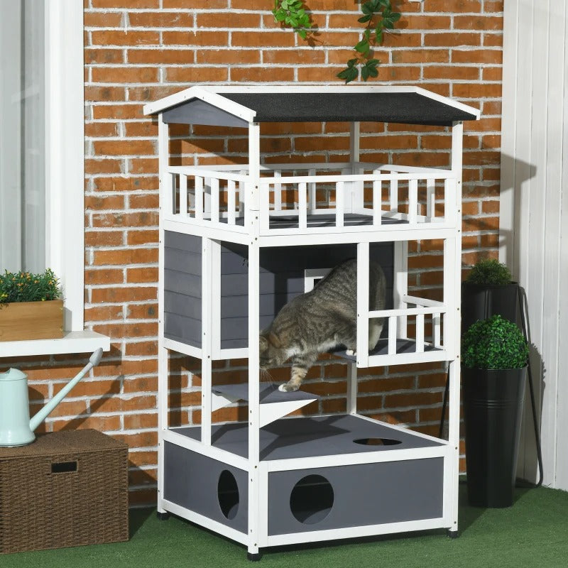 PawHut 4-Floor Wood Outdoor Cat House Catio for Cats with Condo, Fun Entrances, Perch, Grey