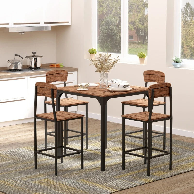 HOMCOM 5-Piece Counter Height Bar Table and Chairs, Square Dining Table and Chairs Set for 4, Industrial Pub Table and Chairs