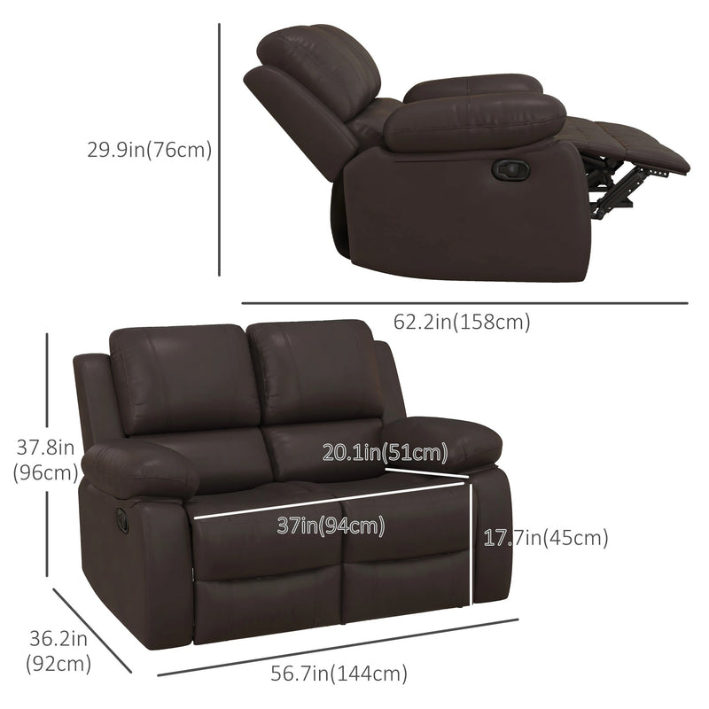 HOMCOM PU Leather Manual Recliner Sofa, Double Reclining Loveseat with Pullback Control Footrest for Living Room, Brown