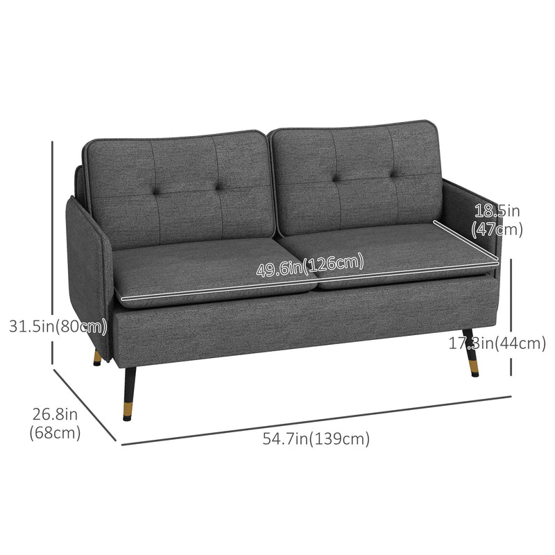 HOMCOM Modern 55" Loveseat, Fabric Love Seat Sofa with Button Tufted Back, Steel Legs for Bedroom, Living Room, Dark Grey