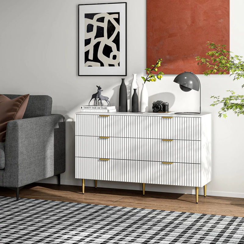 HOMCOM Modern Chest of Drawers 6 Drawer Dresser for Bedroom with Gold Legs and Handles, White