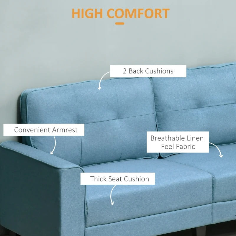 HOMCOM 3-Seater Sofa, Mid-Century Linen Couch with Upholstered Seat, Button-Tufted Back Cushion and Rubber Wood Legs for Living Room, Bedroom, Blue