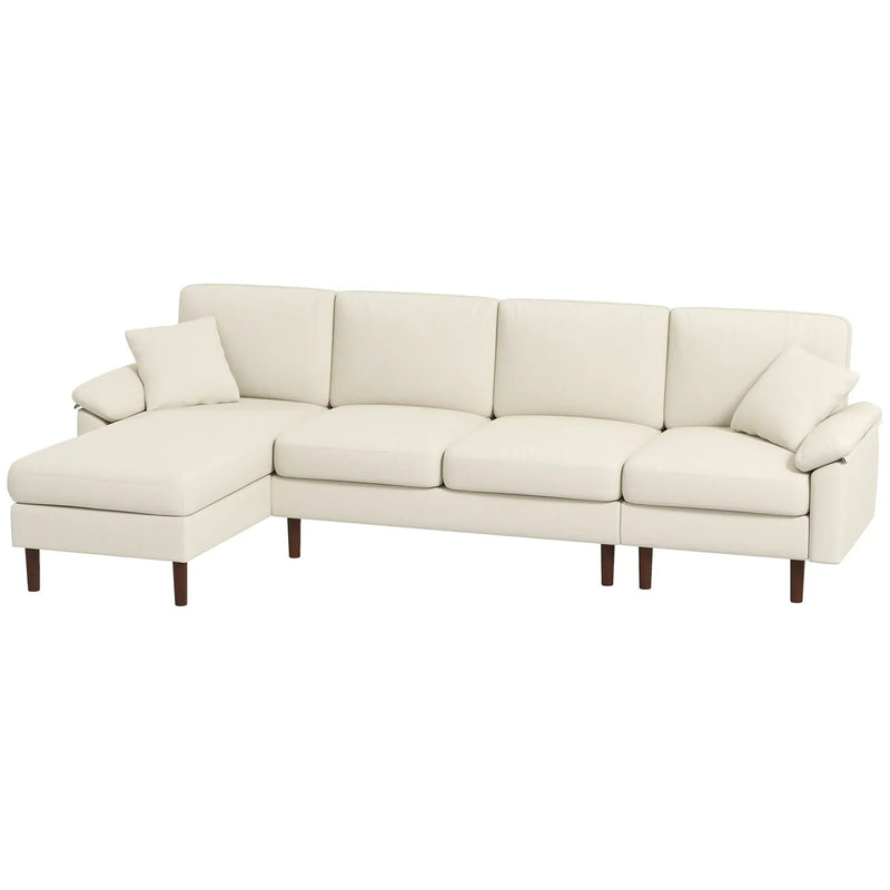 HOMCOM L-Shape Sofa, Modern Sectional Couch with Changeable Chaise Lounge, Pillows and Wooden Legs for Living Room, Cream White