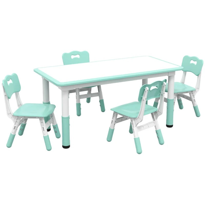 Qaba Kids Table and Chair Set with 4 Chairs, Adjustable Height, Easy to Clean, for 1.5 - 5 Years Old, Green