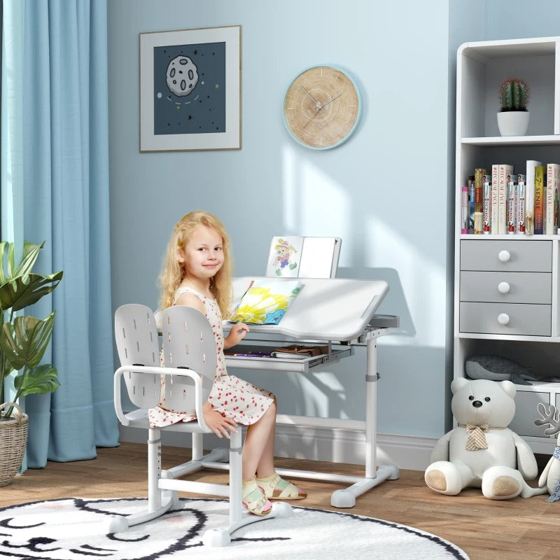 Qaba Height Adjustable Kids Desk and Chair Set with Tilt Desktop, Large Writing Board, Storage Drawer, Book Stand, Grey