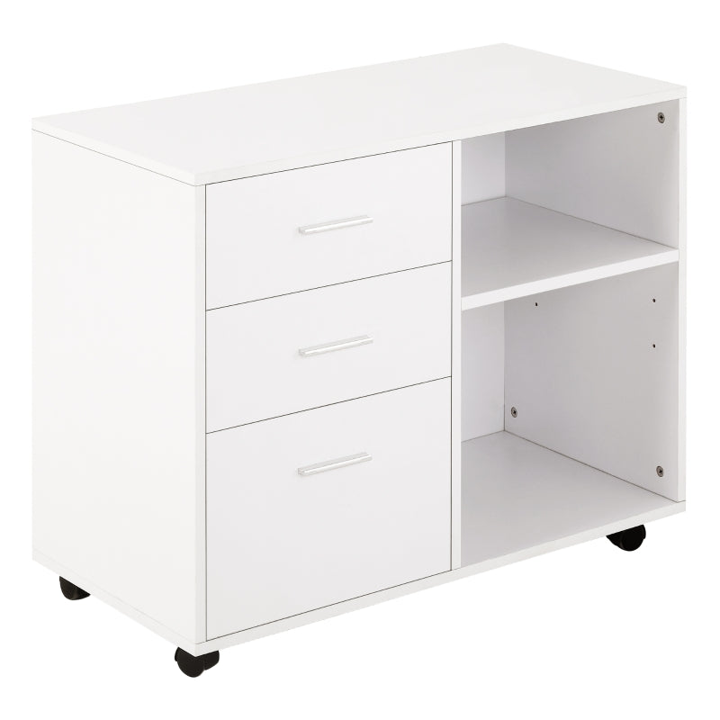 HOMCOM Modern Lateral Filing Cabinet, 3 Drawer File Cabinet, Mobile, Printer Stand with Open Shelves, Rolling Wheels, White