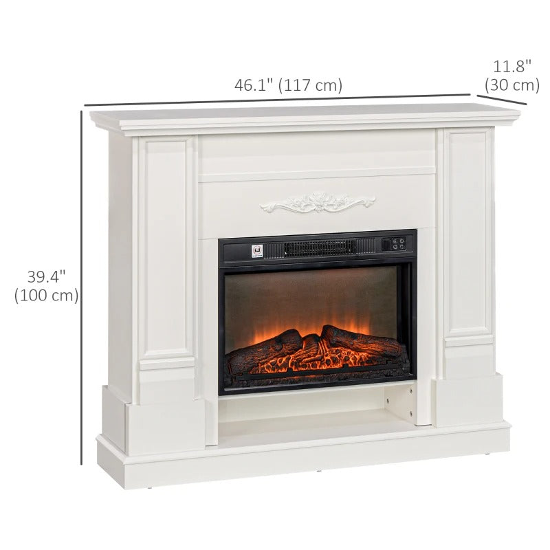 HOMCOM 46" Electric Fireplace with Mantel and Shelf, 1400W Fireplace Heater with Realistic Log and Flame Effect, White