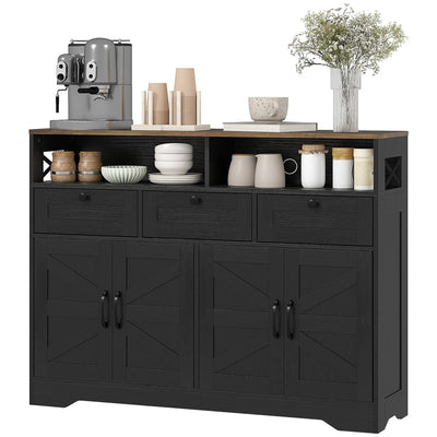 HOMCOM Sideboard, Buffet Cabinet with 4 Barn Doors and 3 Drawers, Coffee Bar Cabinet with Adjustable Shelves, Black