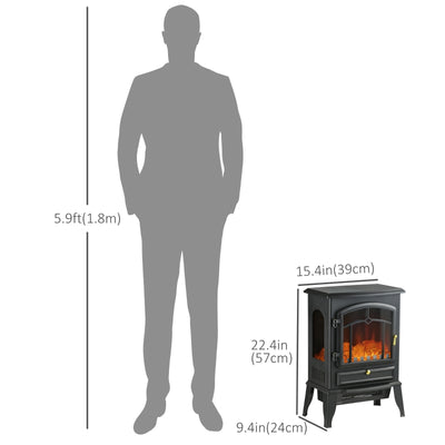 HOMCOM 22" Electric Fireplace Stove, 1500W Freestanding Fireplace Heater with Adjustable Temperature, Overheat Protection, Adjustable Brightness, Black