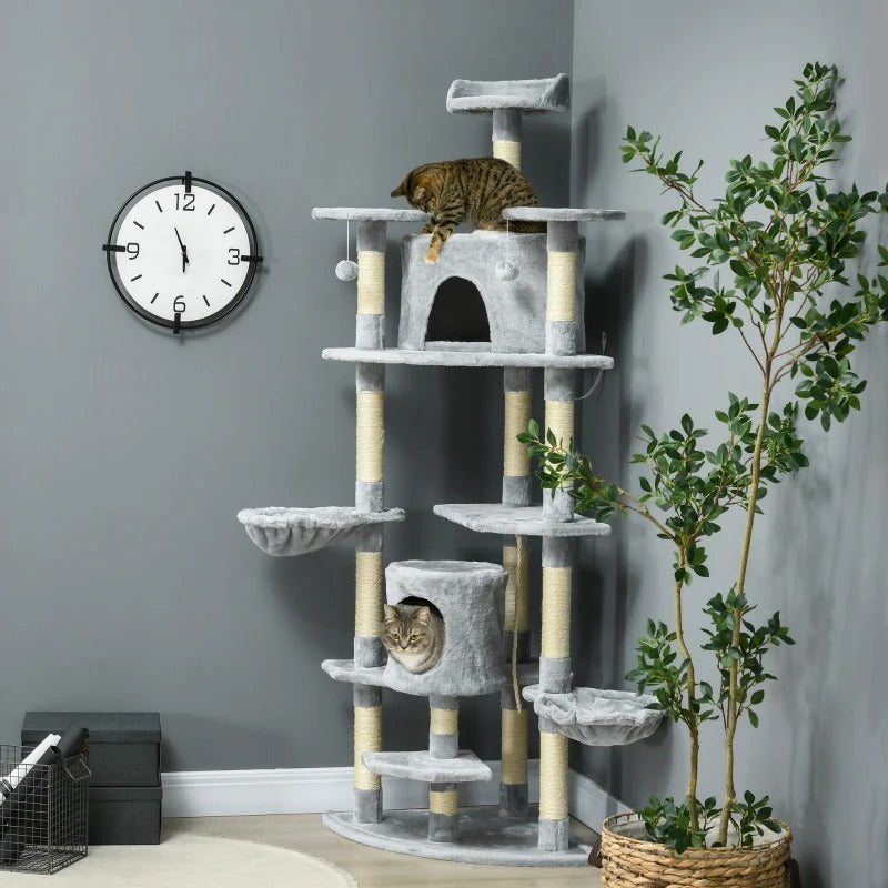 PawHut 79" Cat Tree Multi-Level with Two Condos, Kitty Tower with Scratching Posts, Two Hammocks, Perches, Interactive Toys, Dark Gray